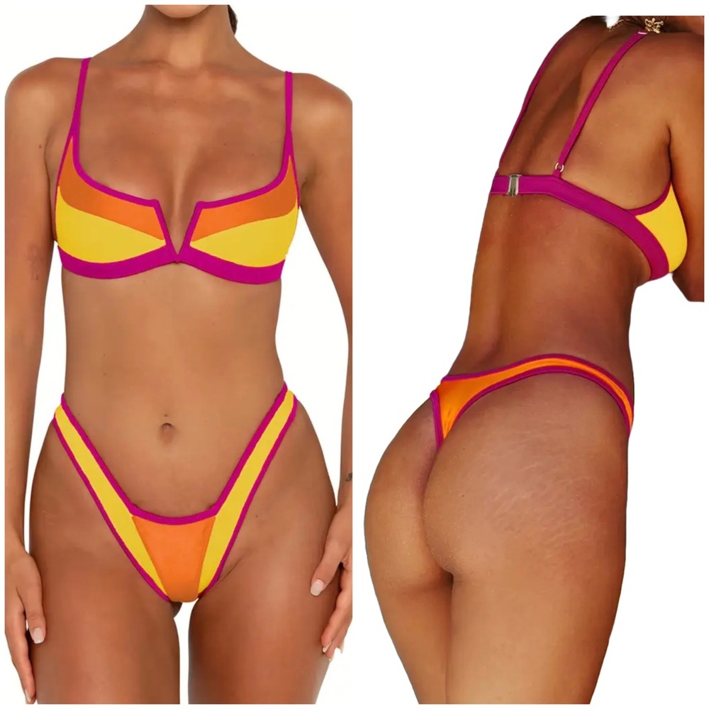 Color Block V Wire Thong Bikini Set